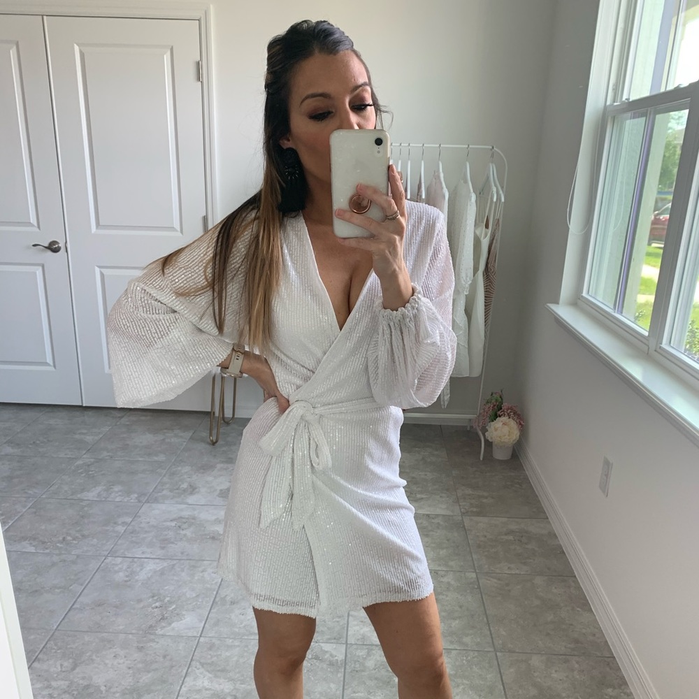 White Long Sleeve Sequin Belted Wrap Dress - Picture 11 of 12